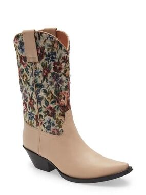 Jeffrey Campbell Crossroads Western Floral Tapestry Beige Cowgirl Boots 7 New